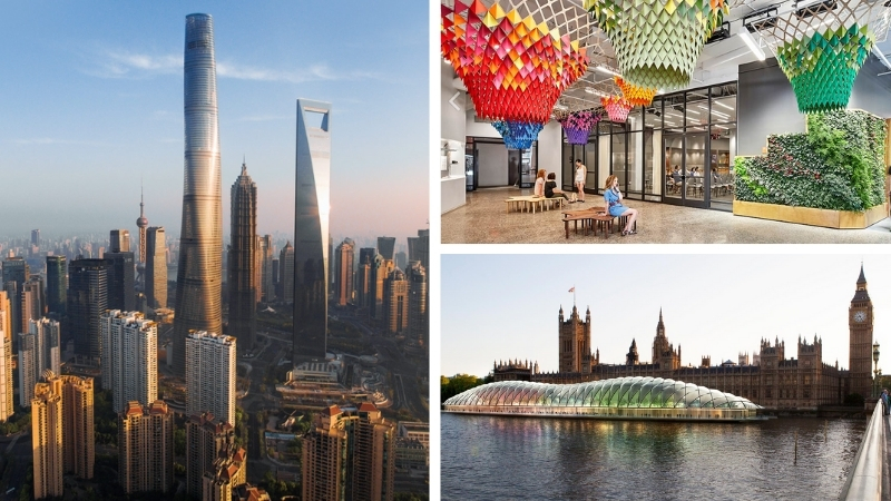 ▲ The 632m Shanghai Tower, the interior of Etsy headquarters in Brooklyn, New York and a proposed temporary UK parliament are among Gensler's featured projects.