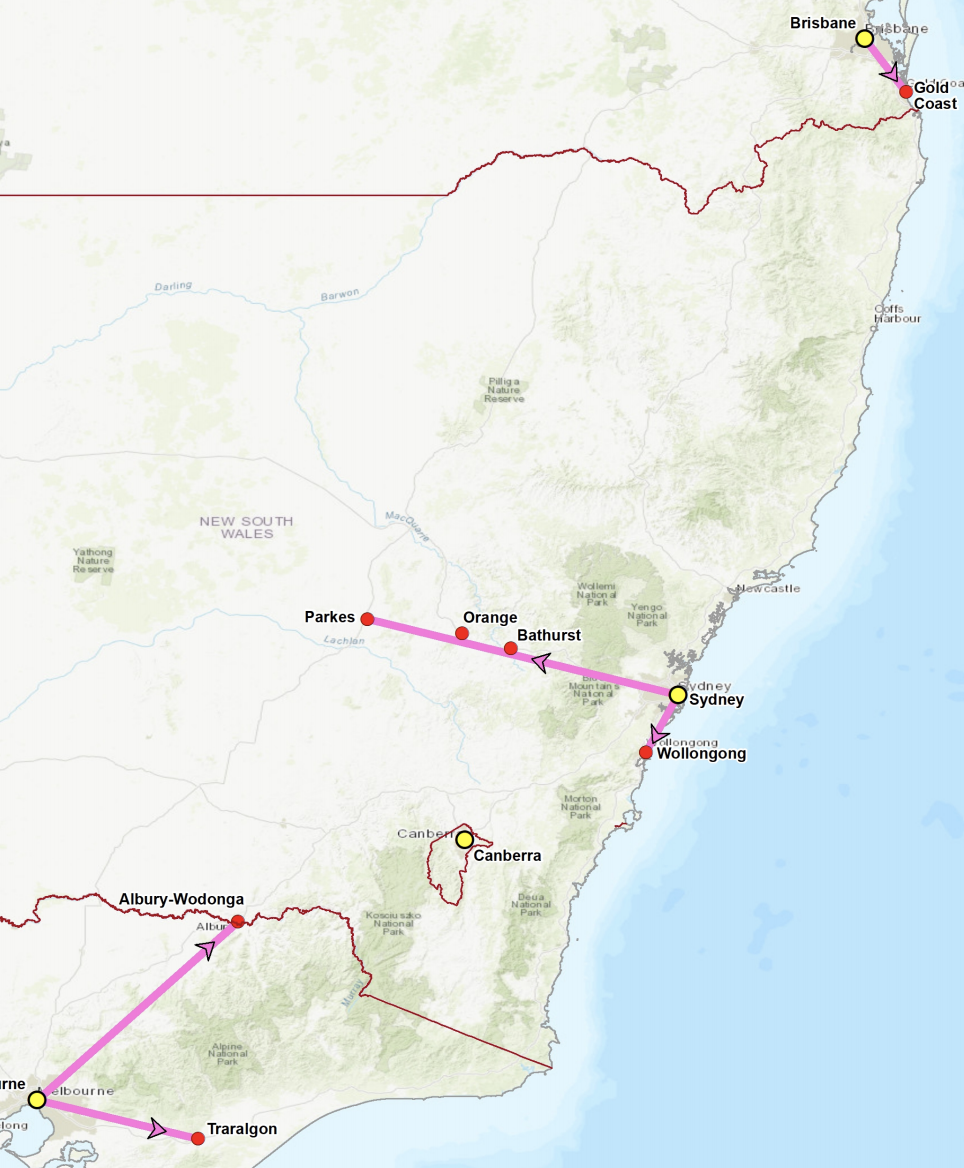 The government committed to five fast rail business cases: Brisbane to Gold Coast; Melbourne to Albury Wodonga; Melbourne to Traralgon; Sydney to Wollongong and Sydney to Parkes. 