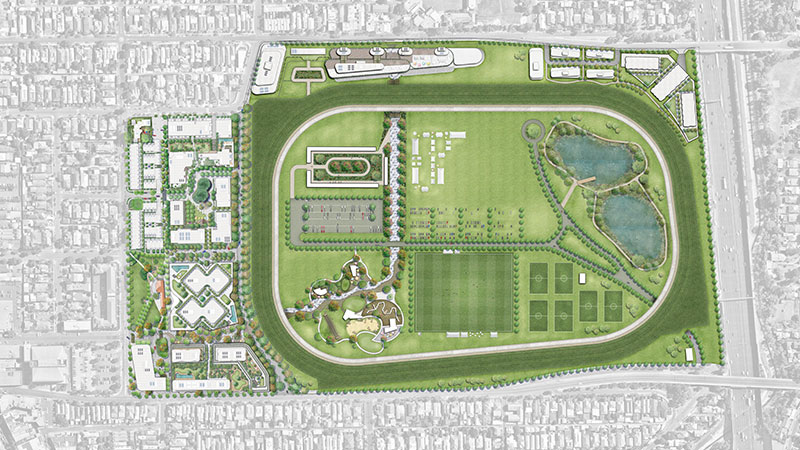 ▲The 18 hectare racecourse infield will be redeveloped into a number of areas featuring a running track, giant children’s playground, and spaces for community and curated events such as farmers markets and flower shows. Image: Supplied