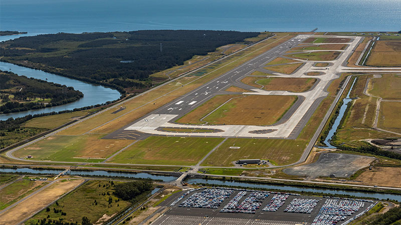 Aerial view looking towards Moreton Bay of Brisbane Airport Corporation's new $1.1bn runway, which has reached practical completion amid the coronavirus pandemic. 
