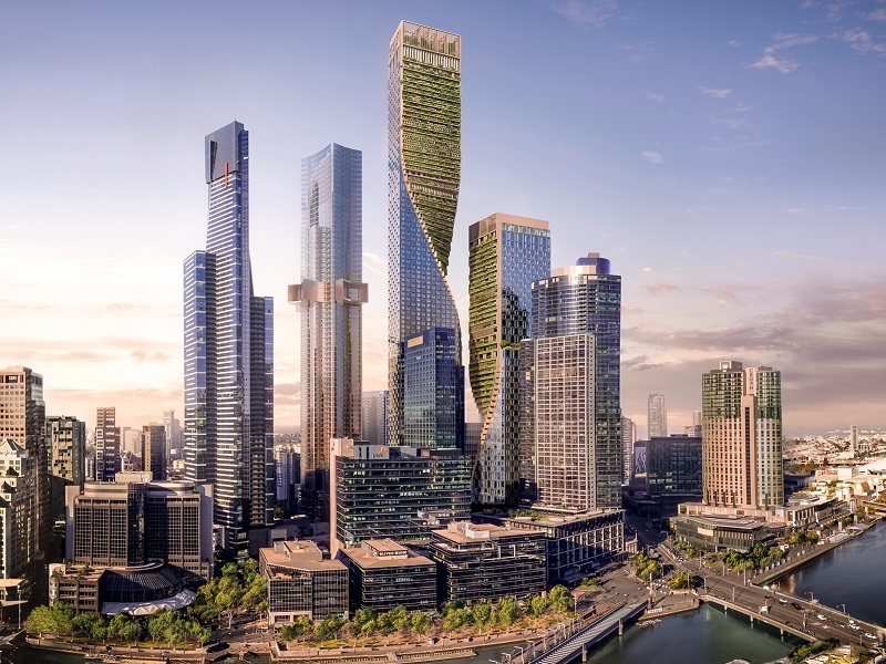 What Melbourne's future skyline will look like with the twisting green spine Southbank by Beulah towers featured between many skyscrapers along the Yarra River. 
